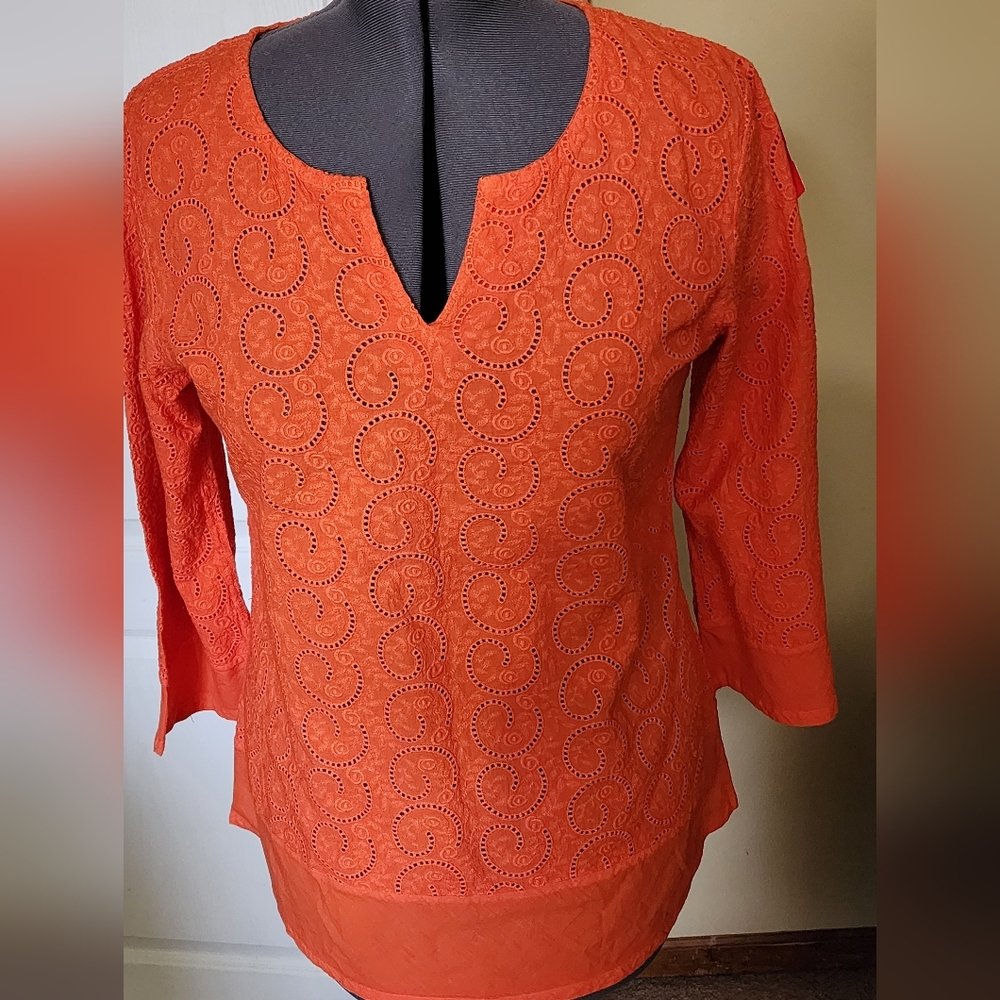 NWT Amanda Blue Chic Orange 100% cotton woman Eyelet Top